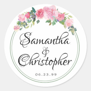 Sticker Rond Aquarelle rose pâle Sceau Mariage floral