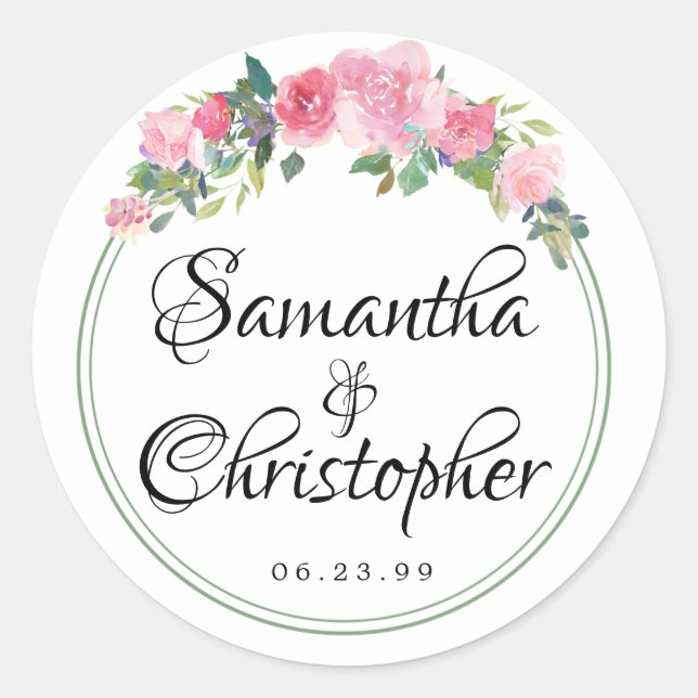 Sticker Rond Aquarelle rose pâle Sceau Mariage floral (Devant)