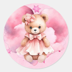 Sticker Rond Aquarelle rose pâle Teddy Bear Girl Baby shower