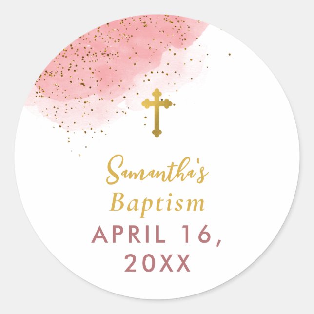 Sticker Rond Aquarelle rose Parties scintillant Gold Cross Bapt (Devant)