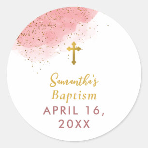 Sticker Rond Aquarelle rose Parties scintillant Gold Cross Bapt
