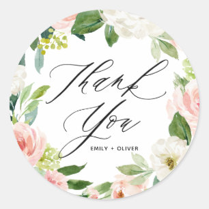 Sticker Rond Aquarelle rose Pêche Floral Merci de couronne