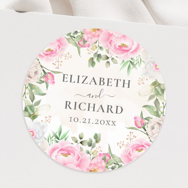 Sticker Rond Aquarelle rose Pierre florale Mariage élégant (Créateur téléchargé)
