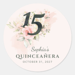 Sticker Rond Aquarelle rose Quinceanera 15e anniversaire