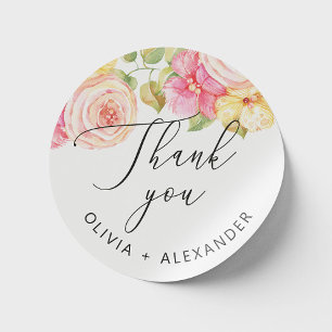 Sticker Rond Aquarelle rose rose mariage floral merci