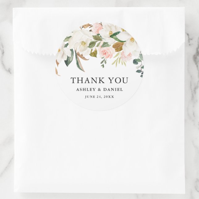 Sticker Rond Aquarelle rose Roses blanches Magnolias Mariage (Sac)