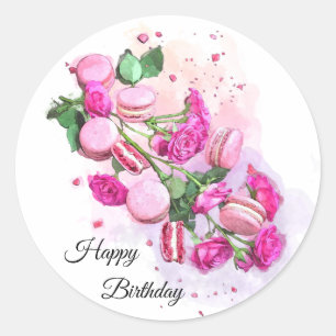 Sticker Rond Aquarelle rose roses et macarons français