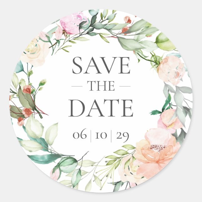 Sticker Rond Aquarelle Rose sauvage Garland Enregistrer la date (Devant)