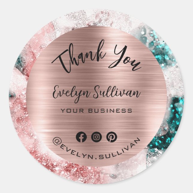 Sticker Rond Aquarelle rose Turquoise Merci élégant (Devant)
