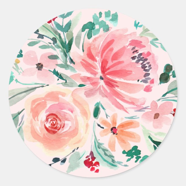 Sticker Rond Aquarelle rose vert Fête des mariées florale (Devant)