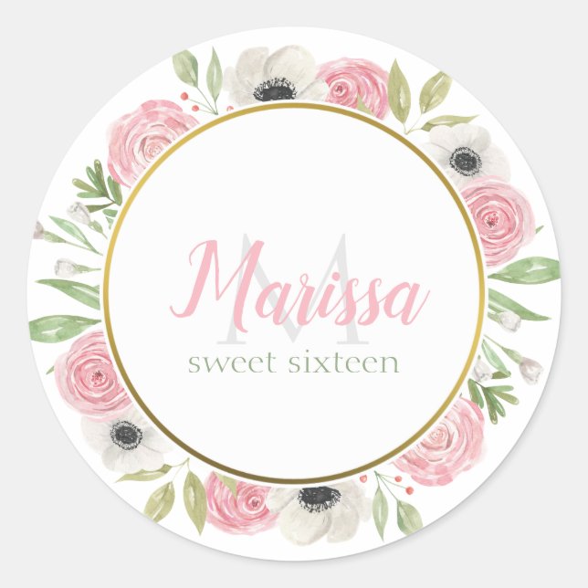 Sticker Rond Aquarelle rose vif Floral Sweet 16 Anniversaire (Devant)