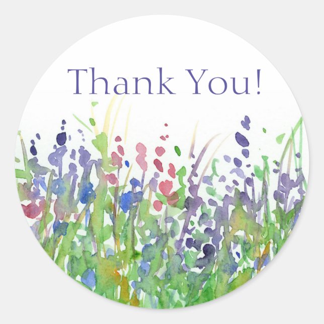 Sticker Rond Aquarelle rose violet Fleur sauvage Merci (Devant)