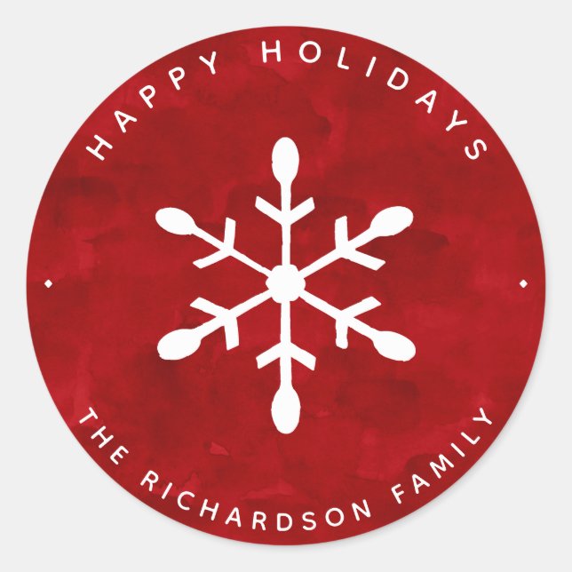 Sticker Rond Aquarelle rouge et flocon blanc | Noël (Devant)