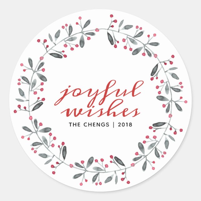 Sticker Rond Aquarelle rouge et verte Noël Holly Monogramme (Devant)