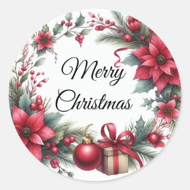 Sticker Rond Aquarelle rouge Fleur de Noël (Devant)
