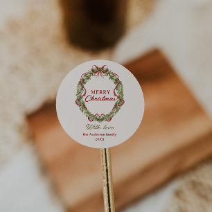 Sticker Rond Aquarelle Rouge Vert Bow Wreath Joyeux Noël