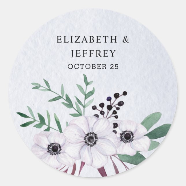 Sticker Rond Aquarelle rustique Dusty Bleu Blanc Floral Mariage (Devant)