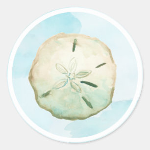 Sticker Rond Aquarelle Sable Dollar Plage Bleu
