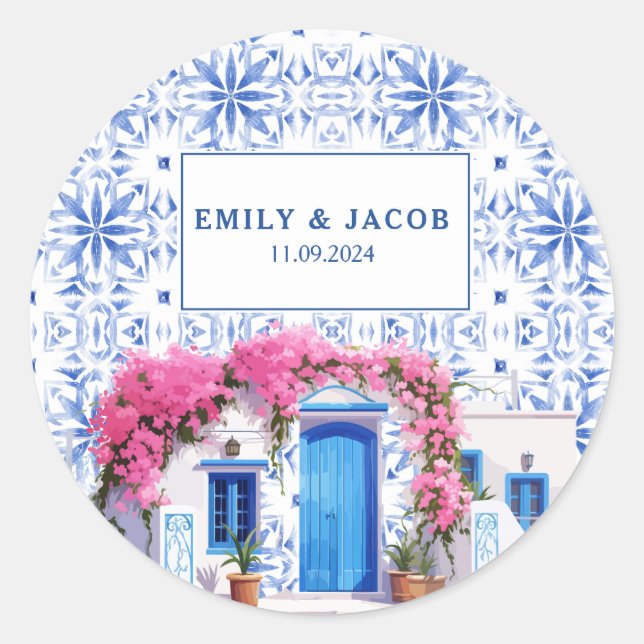 Sticker Rond Aquarelle Santorini Grèce mariage bleu et blanc (Devant)
