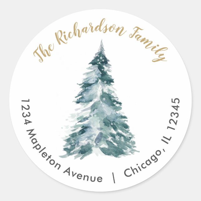 Sticker Rond Aquarelle sapin de Noël élégante adresse de retour (Devant)