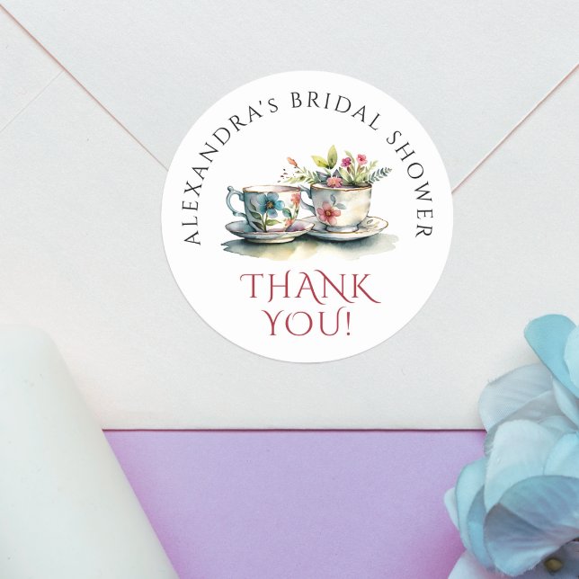 Sticker Rond Aquarelle simple et élégante Floral Teacup Merci (Créateur téléchargé)