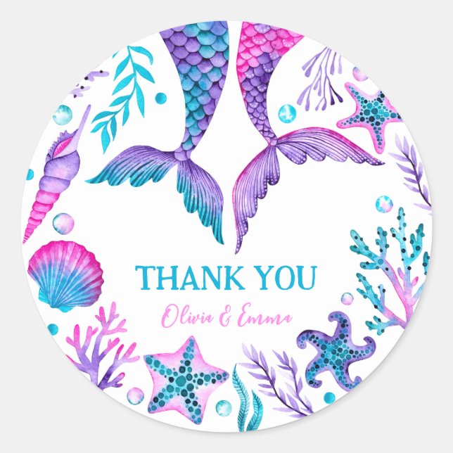 Sticker Rond Aquarelle Sirène conjointe Merci d'anniversaire (Devant)