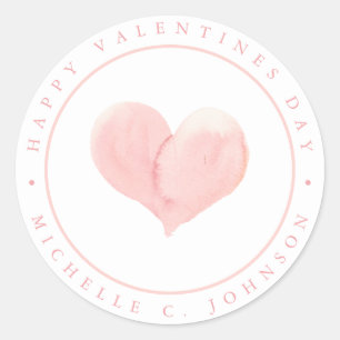 Sticker Rond Aquarelle Soft Rose Heart Joyeux Valentines Day