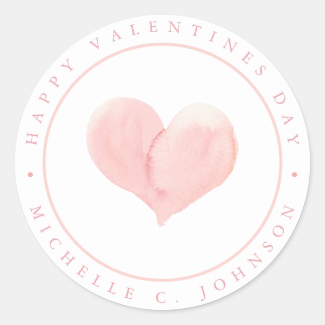Sticker Rond Aquarelle Soft Rose Heart Joyeux Valentines Day (Devant)