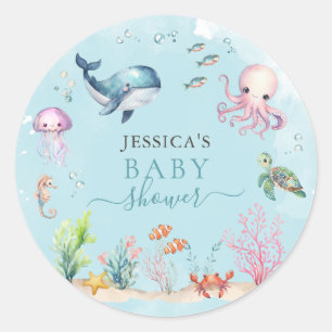 Sticker Rond Aquarelle sous le Baby shower animal marin