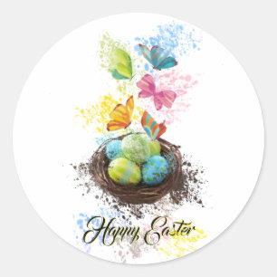Sticker Rond Aquarelle Splash OEufs de Pâques Nid & Papillons
