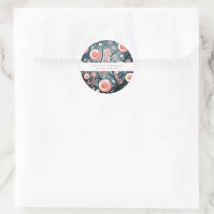 Sticker Rond Aquarelle Stylisée rose Roses Merci Turquoise
