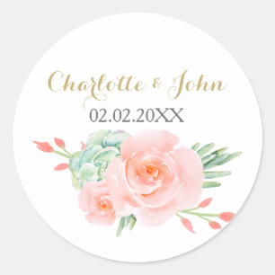 Sticker Rond Aquarelle Succulent Blush Floral Élégant Mariage