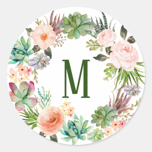 Sticker Rond Aquarelle Succulents Floral Wreath Monogramme (Devant)
