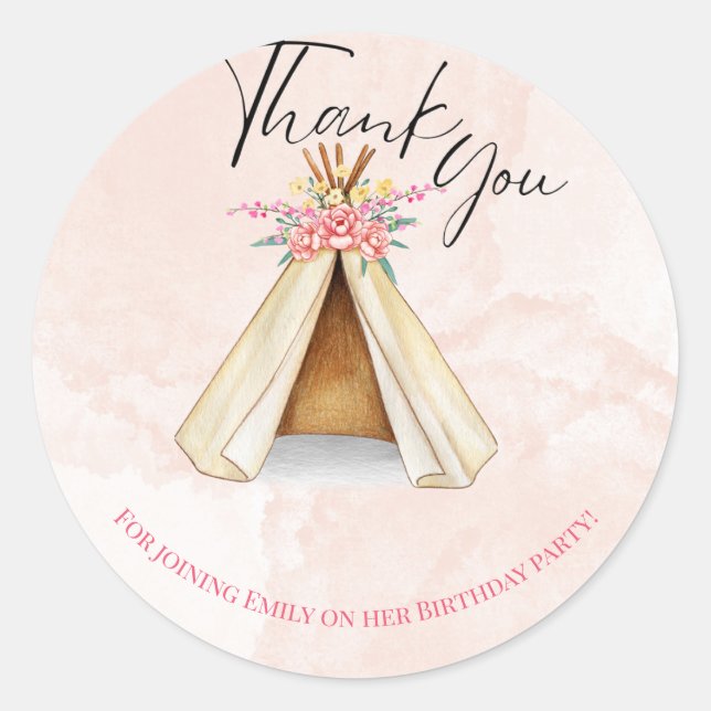 Sticker Rond Aquarelle Teepee Slepover Merci d'anniversaire (Devant)