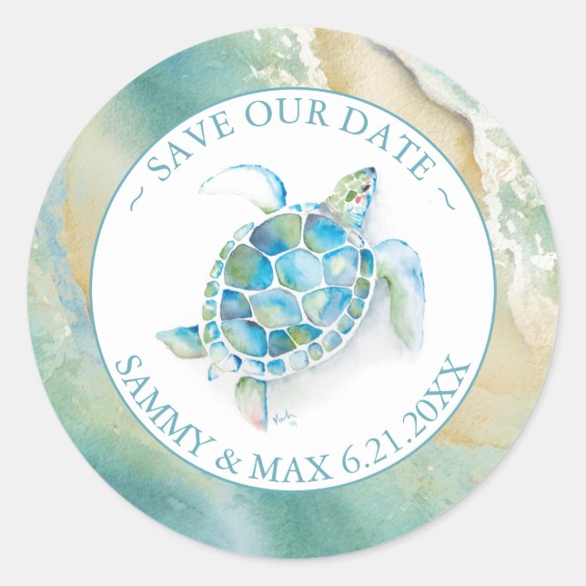 Sticker Rond Aquarelle Tortue de mer et enveloppe de plage (Devant)