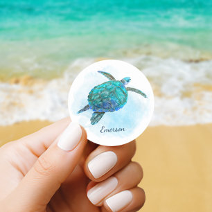 Sticker Rond Aquarelle Tortue de mer Océan tropical
