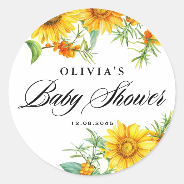 Sticker Rond Aquarelle Tournesol et Argousier Baby Shower (Devant)