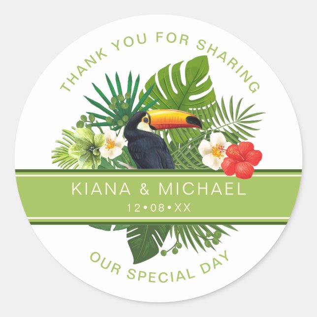 Sticker Rond Aquarelle Tropical avec Merci Toucan Green ID577 (Devant)