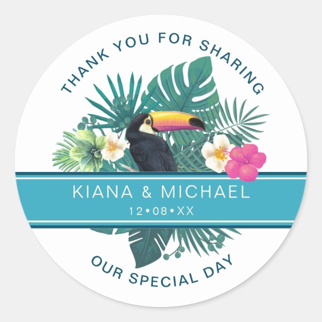 Sticker Rond Aquarelle Tropical avec Merci Toucan ID Turquoise5 (Devant)