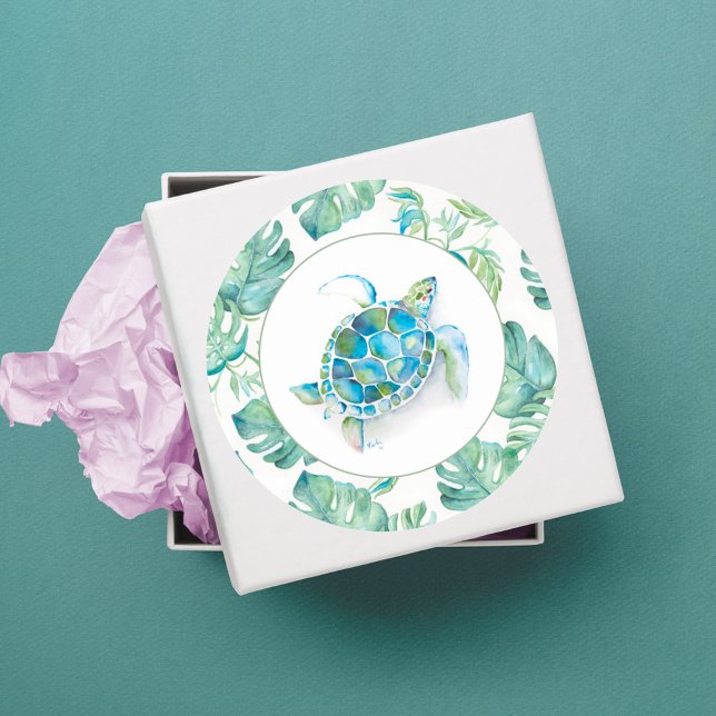 Sticker Rond Aquarelle Tropical Blue Sea Turtle Vert (tropical party favor sticker sea turtle palm leaves gift wrapping supplies)