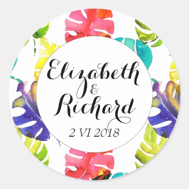 Sticker Rond Aquarelle Tropical Feuille mariage monogramme (Devant)