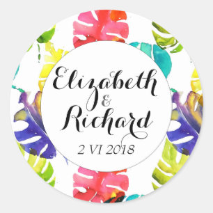 Sticker Rond Aquarelle Tropical Feuille mariage monogramme