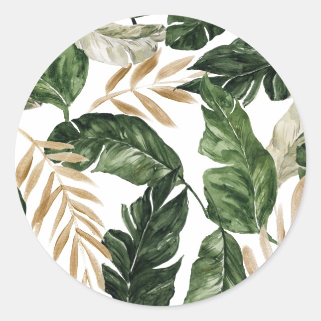 Sticker Rond Aquarelle Tropical Feuilles Faux Gold Foil Motif (Devant)