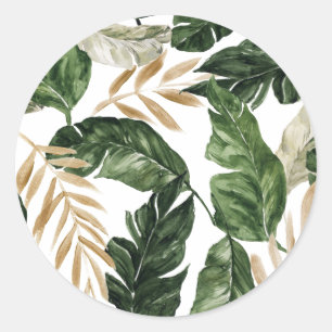 Sticker Rond Aquarelle Tropical Feuilles Faux Gold Foil Motif