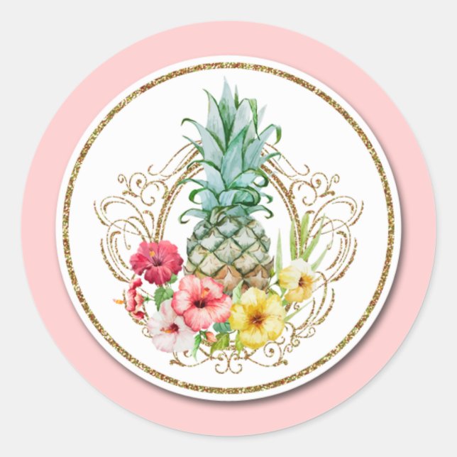Sticker Rond Aquarelle Tropicale Ananas & Hibiscus Fleurs (Devant)