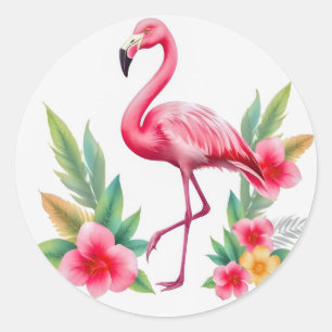 Sticker Rond Aquarelle tropicale flamant rose floral hawaïen