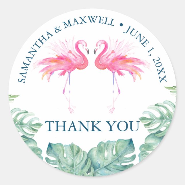 Sticker Rond Aquarelle tropicale Flamant rose rose Faveurs (Devant)