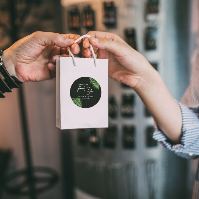 Sticker Rond Aquarelle tropicale Palm Feuille Merci Mariage (Créateur téléchargé)