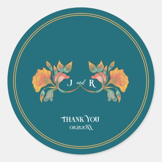 Sticker Rond Aquarelle turquoise Art Nouveau Mariage (Devant)