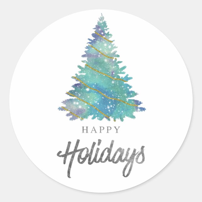 Sticker Rond Aquarelle turquoise Joyeuses Fêtes Arbre de Noël (Devant)